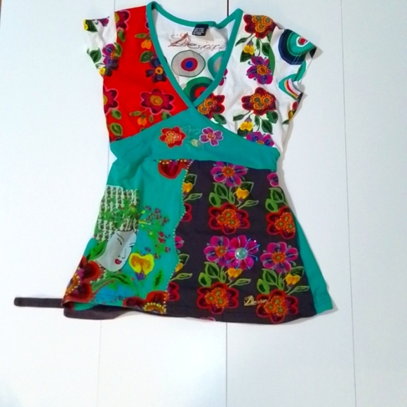 Desigual Tops - Desigual 100% Cotton t-shirt  tunic with tie in back. Embroidered small/medium